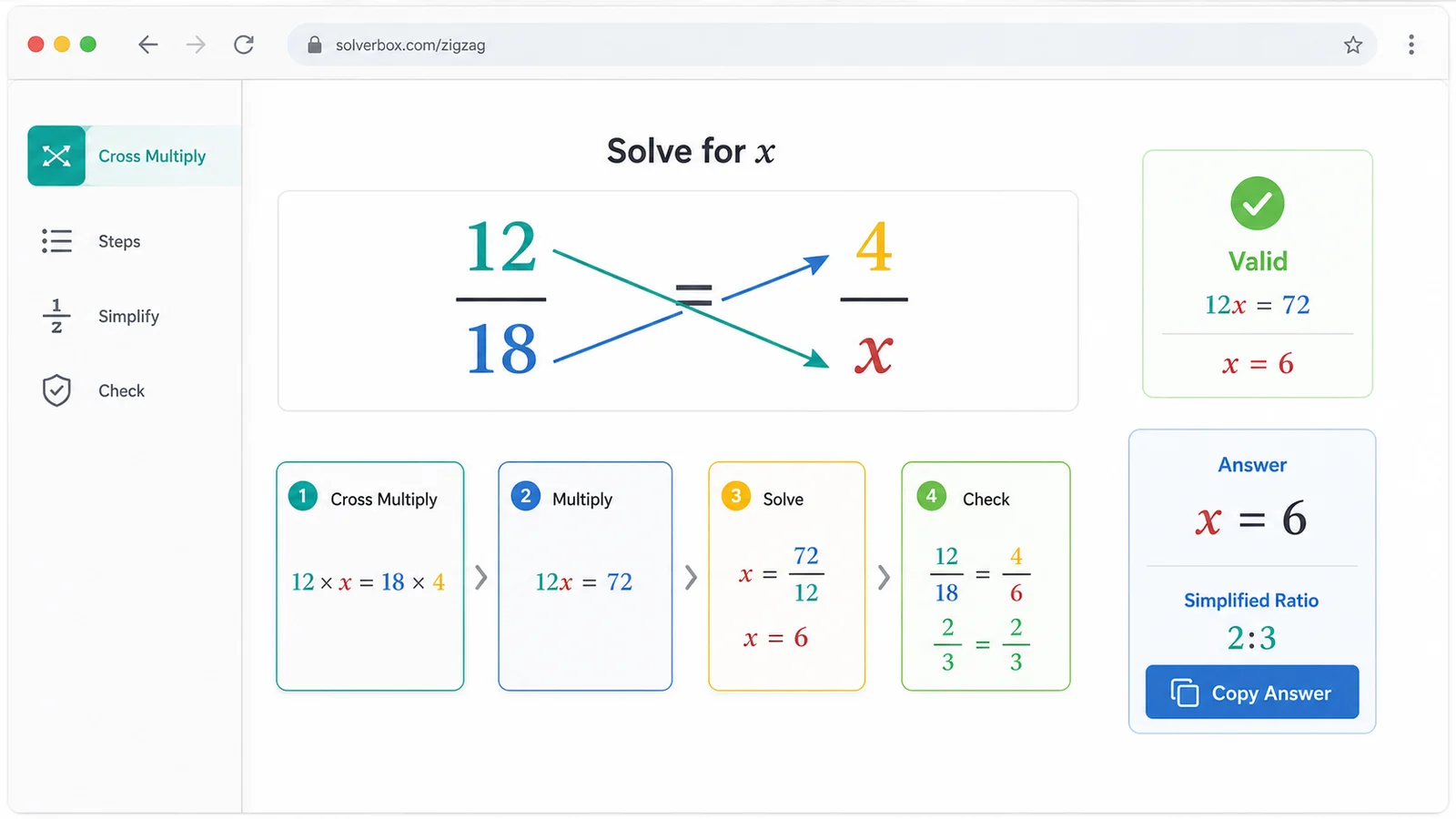 Ratio and Proportion Solver visual showing cross multiplication and a copyable answer