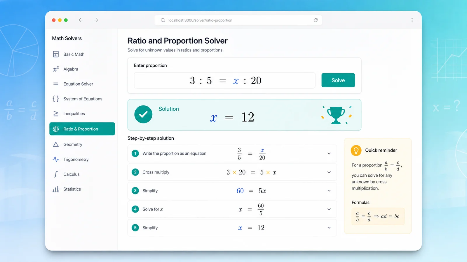 Ratio and Proportion Solver visual showing a missing term proportion being solved