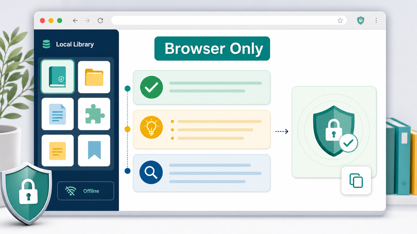 Riddle and Brain Teaser Solver browser-only privacy illustration with a local explanation card