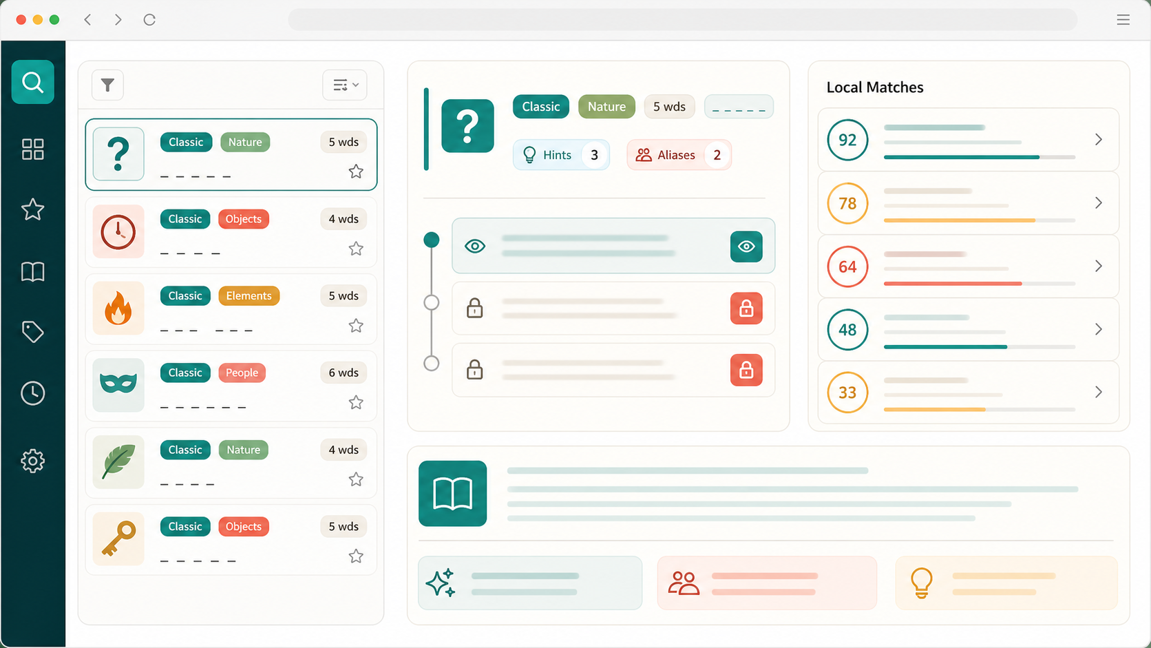 Riddle and Brain Teaser Solver local matching dashboard with type, category, hints, aliases, and explanation cards