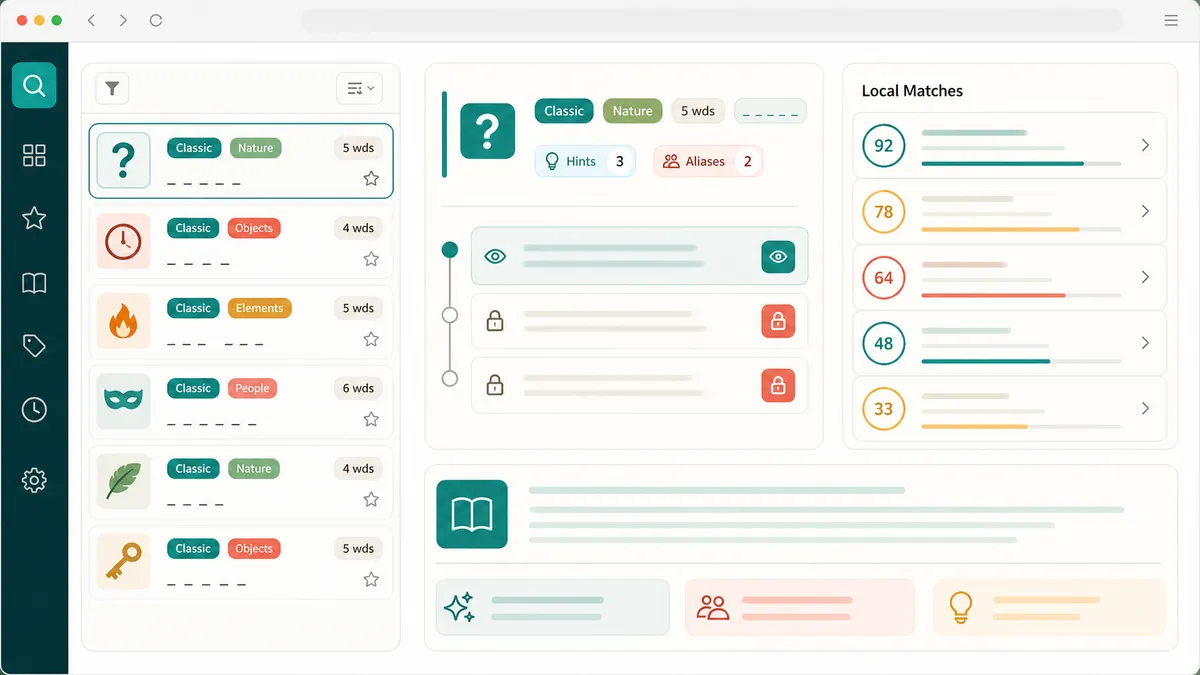 Riddle and Brain Teaser Solver local matching dashboard with type, category, hints, aliases, and explanation cards