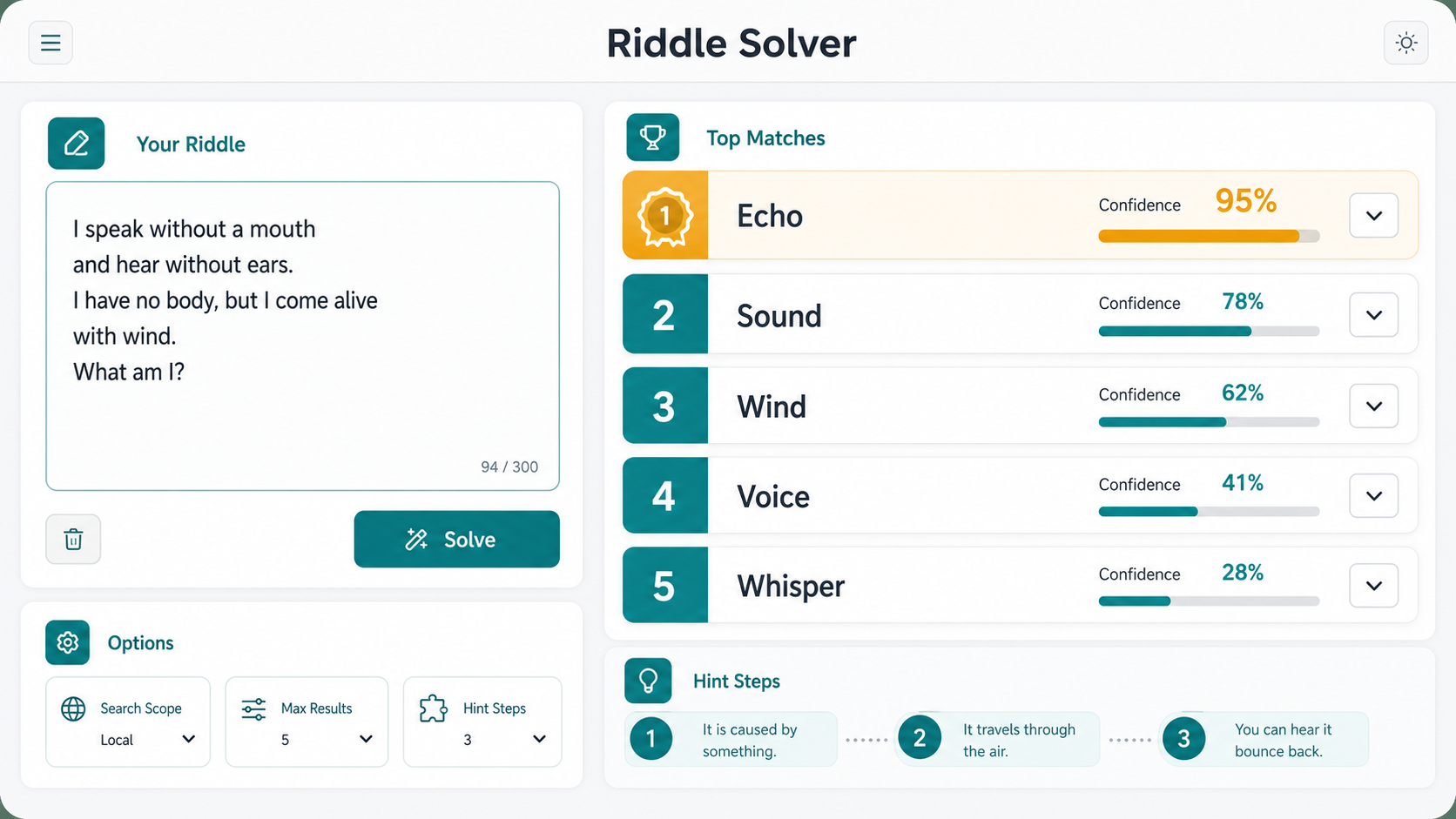 Riddle and Brain Teaser Solver interface with riddle text input and ranked local answer matches