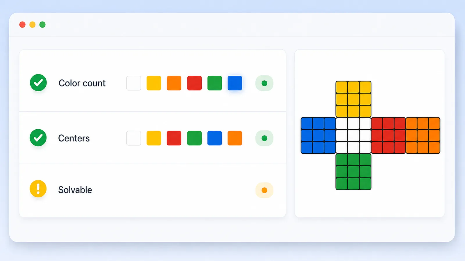 Rubik’s Cube Solver validation panel showing color count, centers, and solvable checks