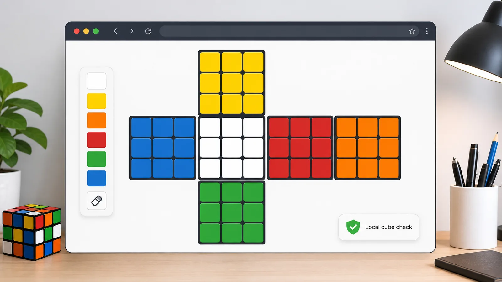 Rubik’s Cube Solver interface with a 2D unfolded 3x3 cube net and color palette
