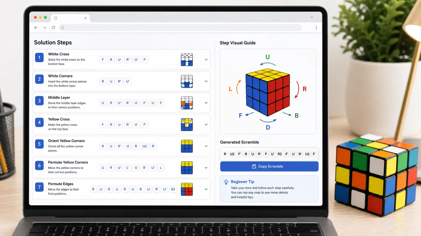 Rubik’s Cube Solver solution steps with move notation chips and cube diagrams