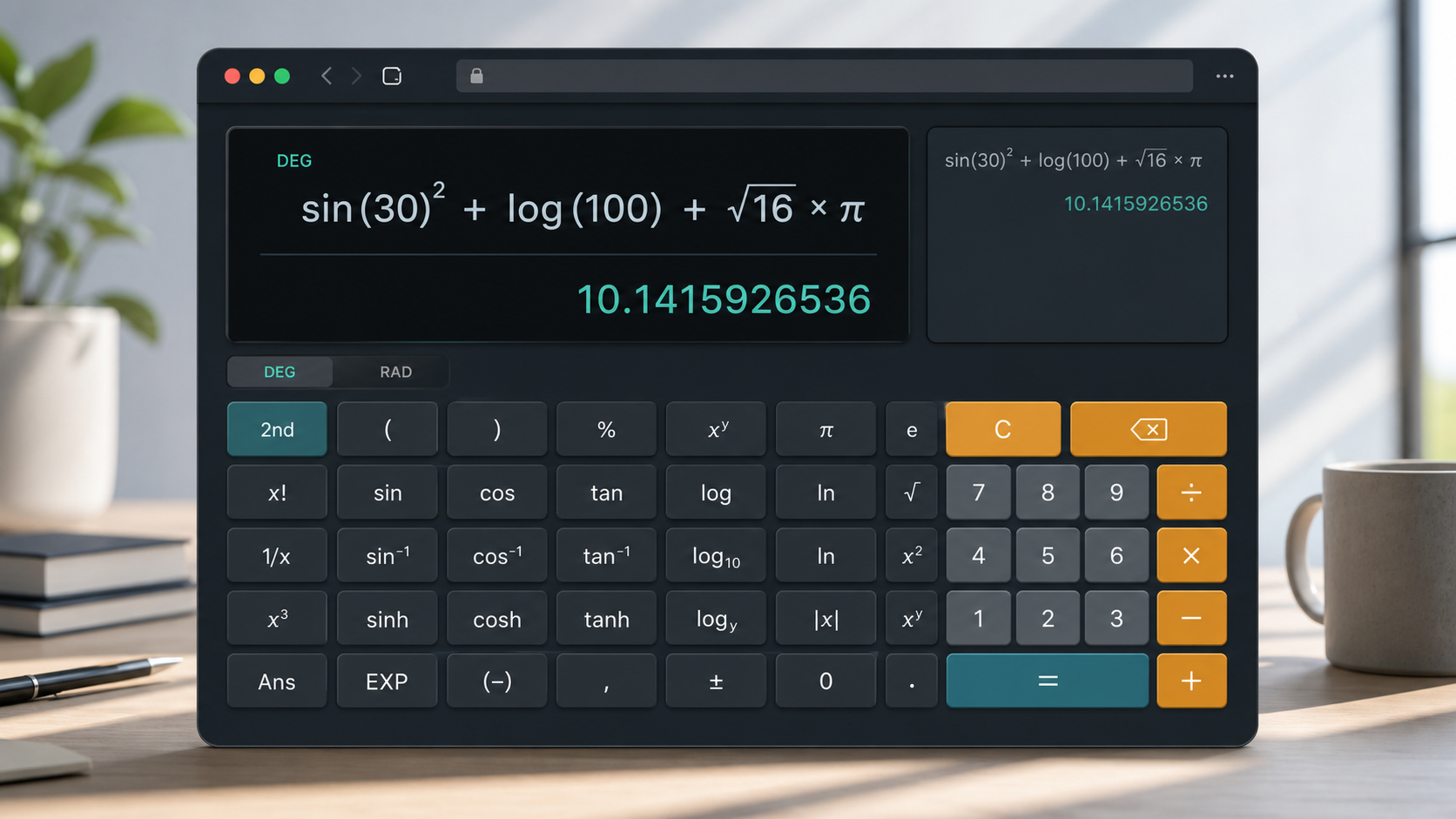 Scientific Calculator Solver mockup showing a scientific keypad with trig, log, power, and root keys