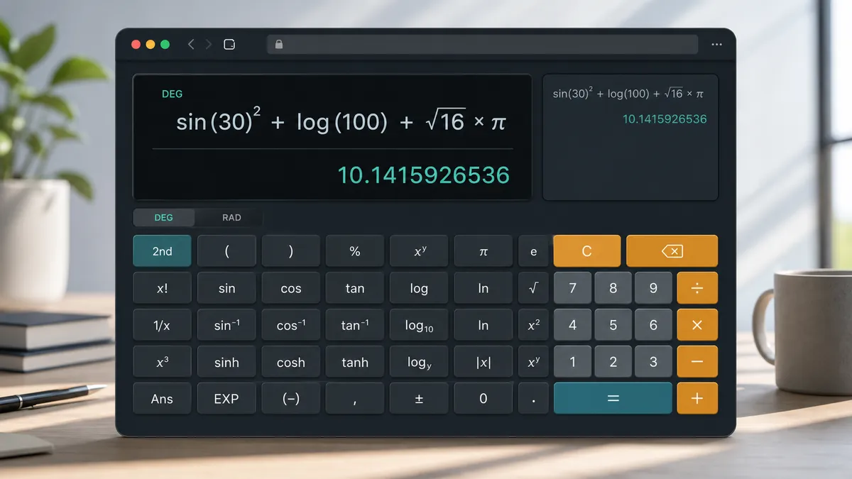 Scientific Calculator Solver mockup showing a scientific keypad with trig, log, power, and root keys