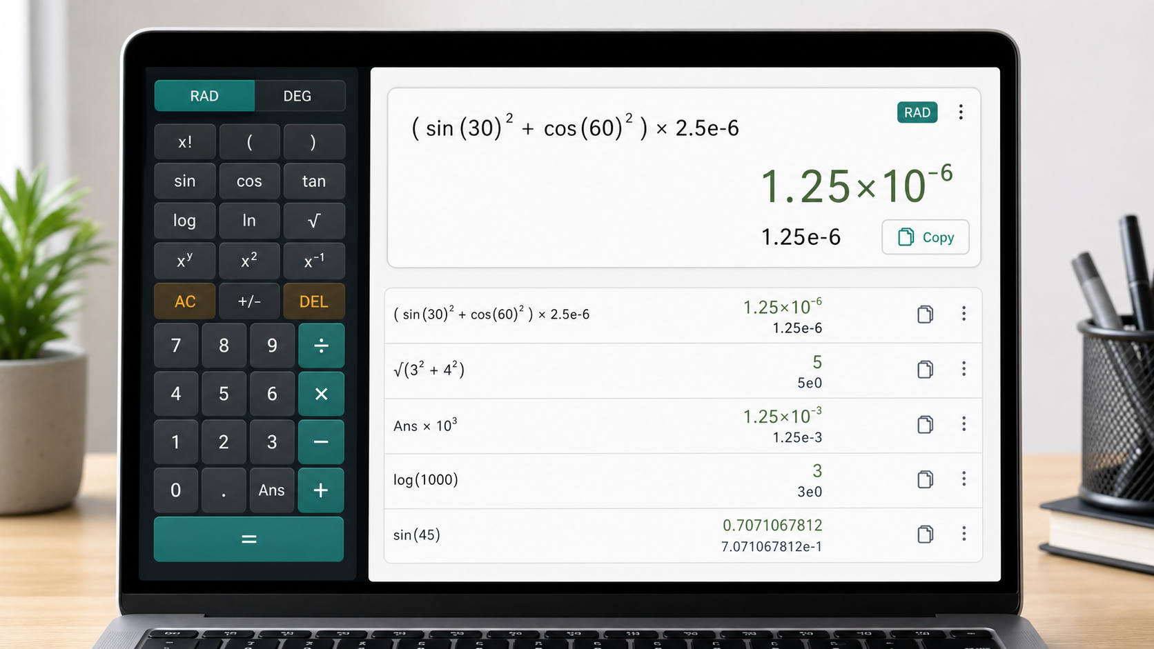 Scientific Calculator Solver mockup showing result history and scientific notation display