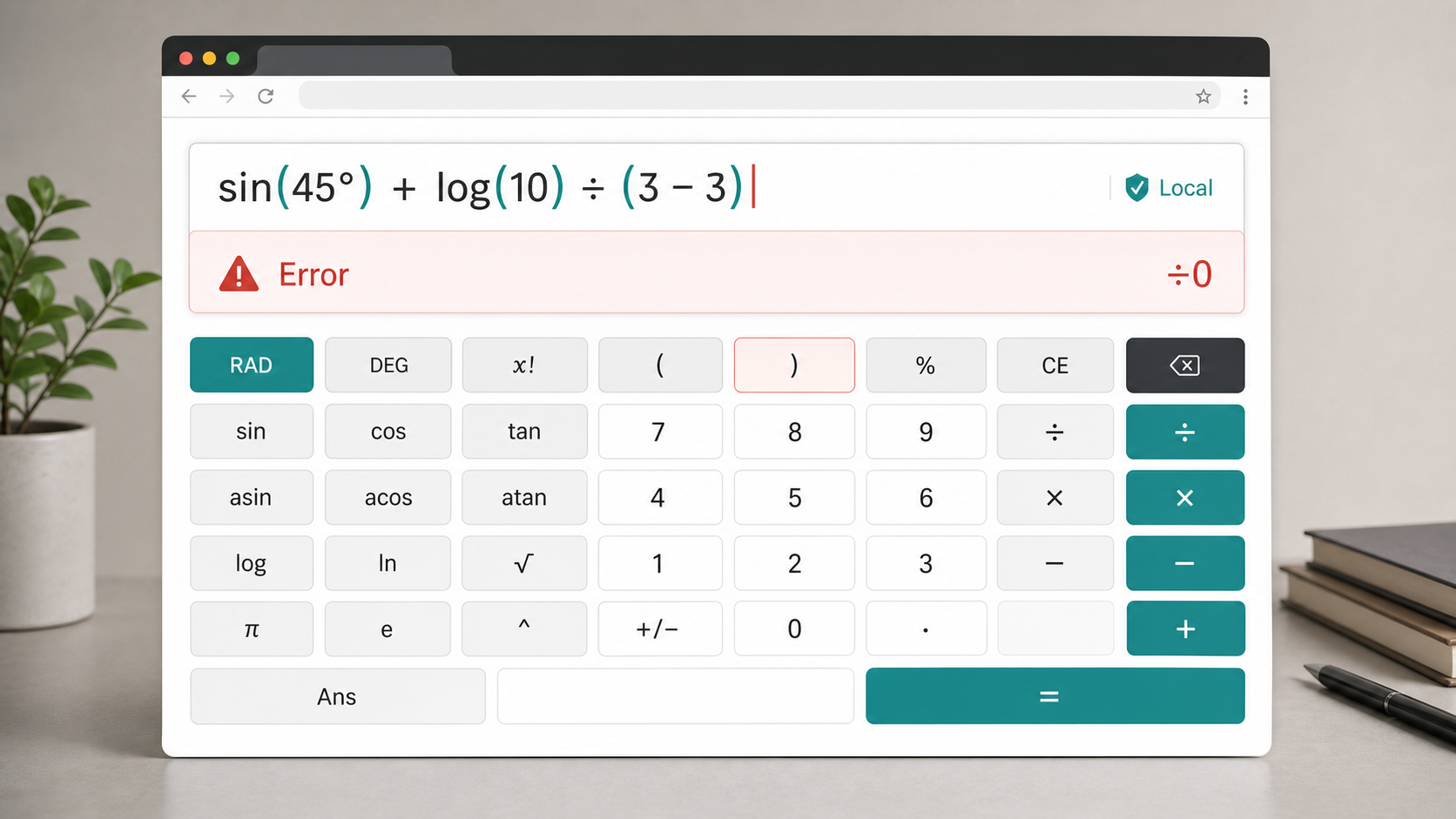 Scientific Calculator Solver mockup showing browser-local calculation and division by zero error feedback