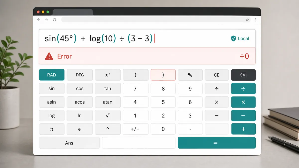 Scientific Calculator Solver mockup showing browser-local calculation and division by zero error feedback
