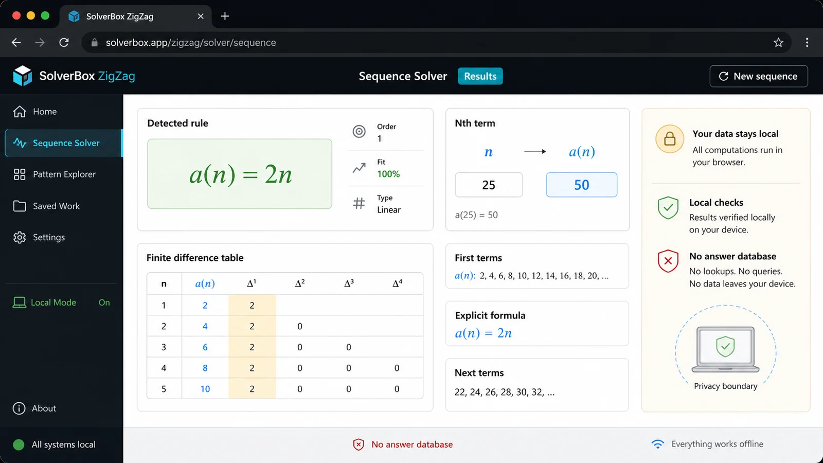 Sequence Solver formula results with nth term output and browser-only boundary note