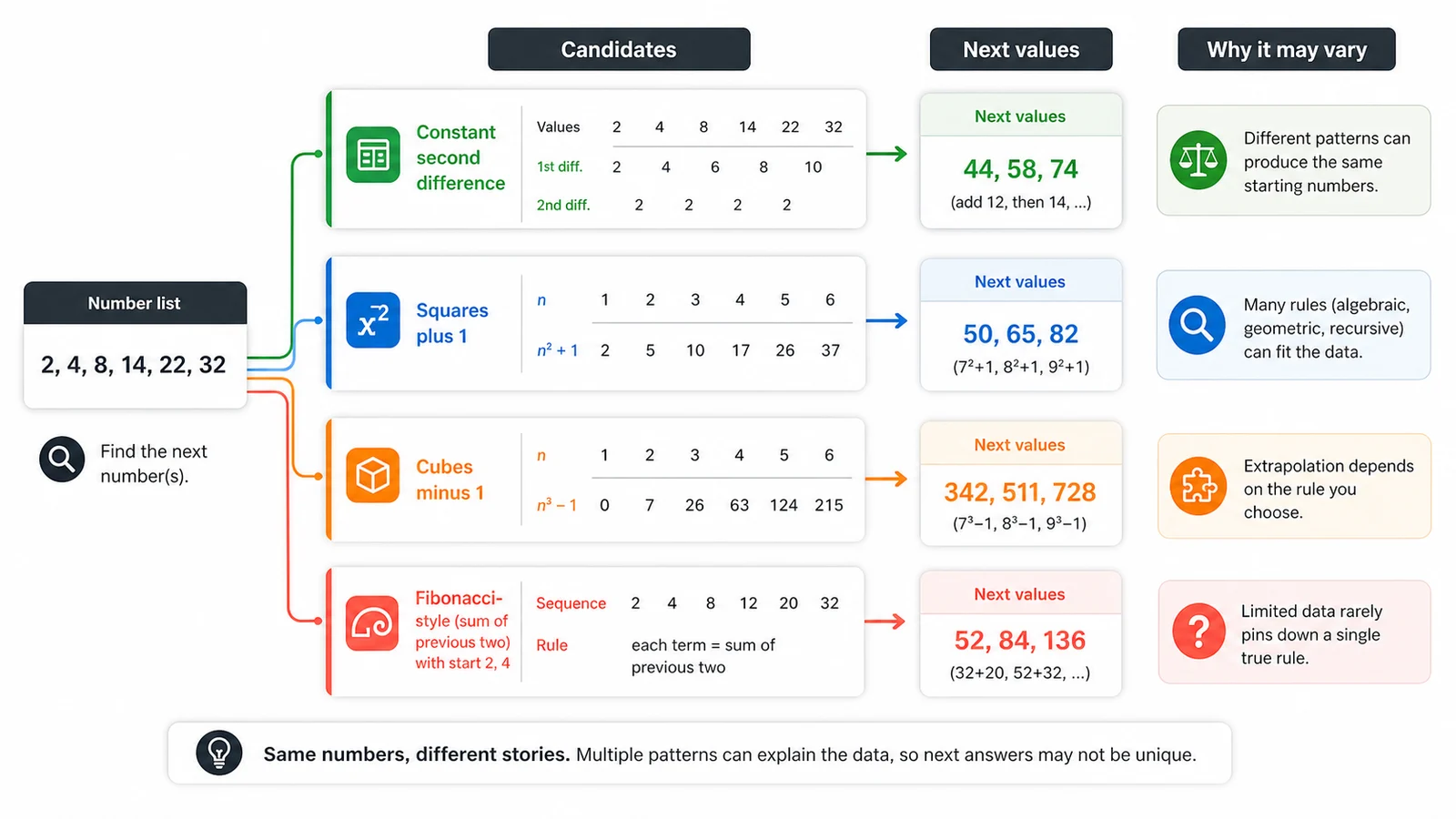 Sequence Solver dashboard comparing multiple possible next number candidates