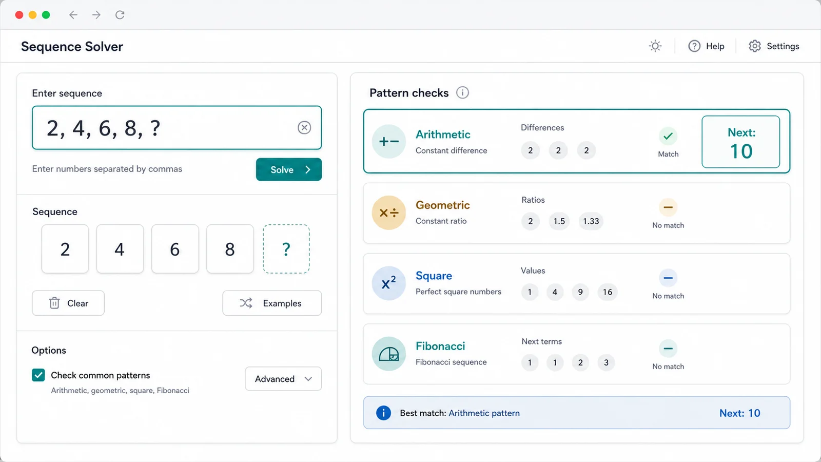 Sequence Solver input panel with example terms and local browser pattern checks