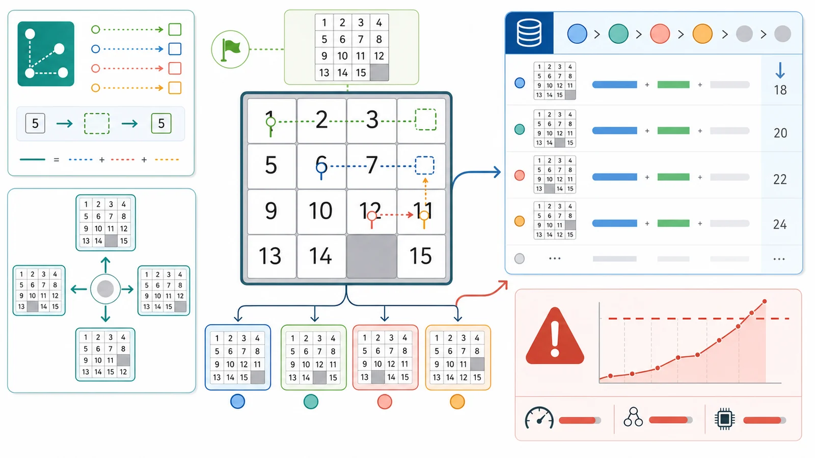 Sliding Puzzle Solver heuristic search illustration with a 15-puzzle board and browser performance limit panel