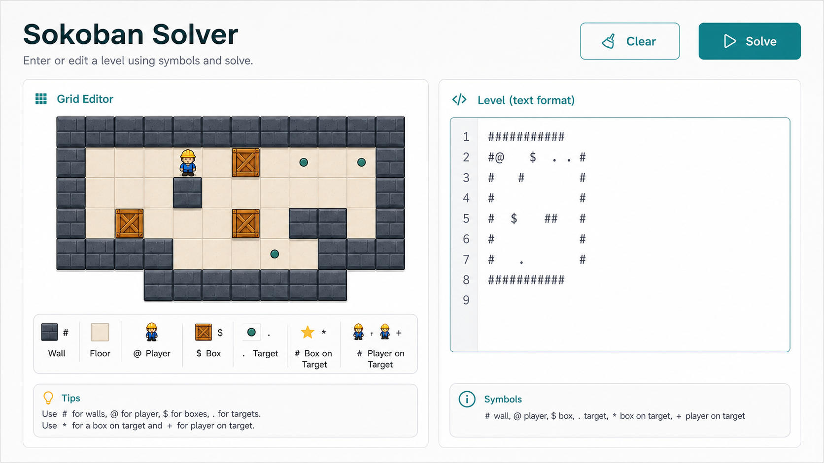 Sokoban Solver interface with a text level beside a small wall, box, player, and target grid