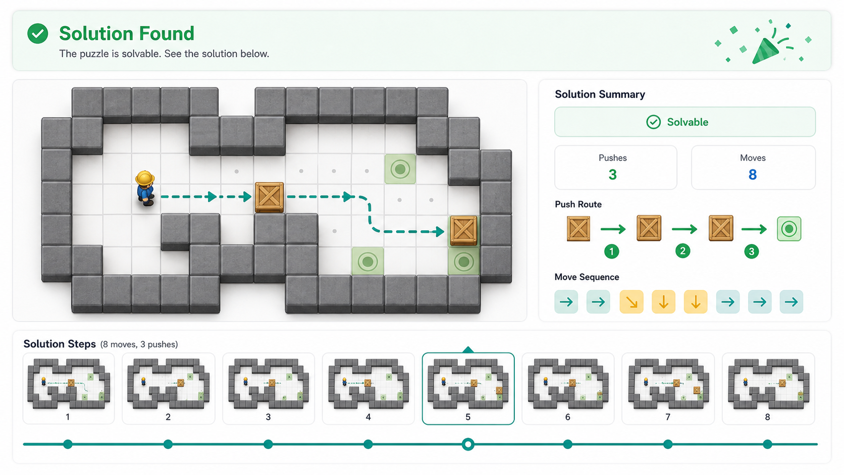 Sokoban Solver result showing a route sequence, push statistics, and a board animation