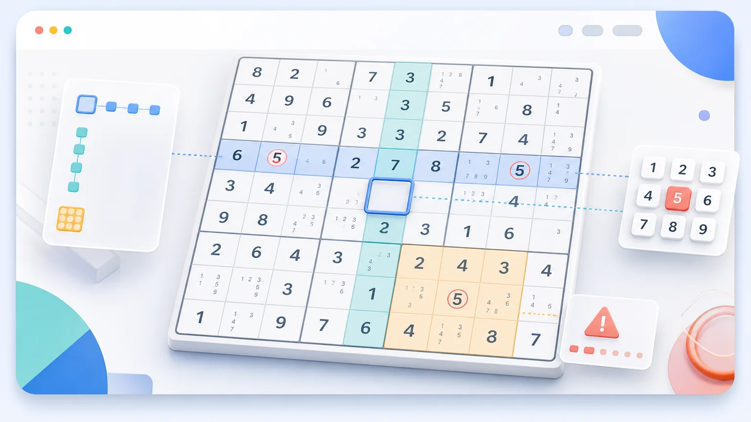 Sudoku grid with highlighted row column and box conflict checks