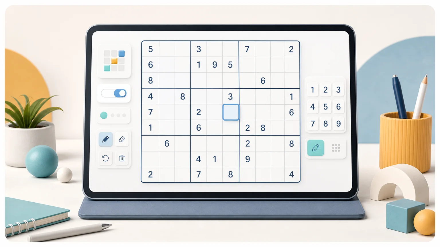 Sudoku solver screen with a 9 by 9 grid and number input controls