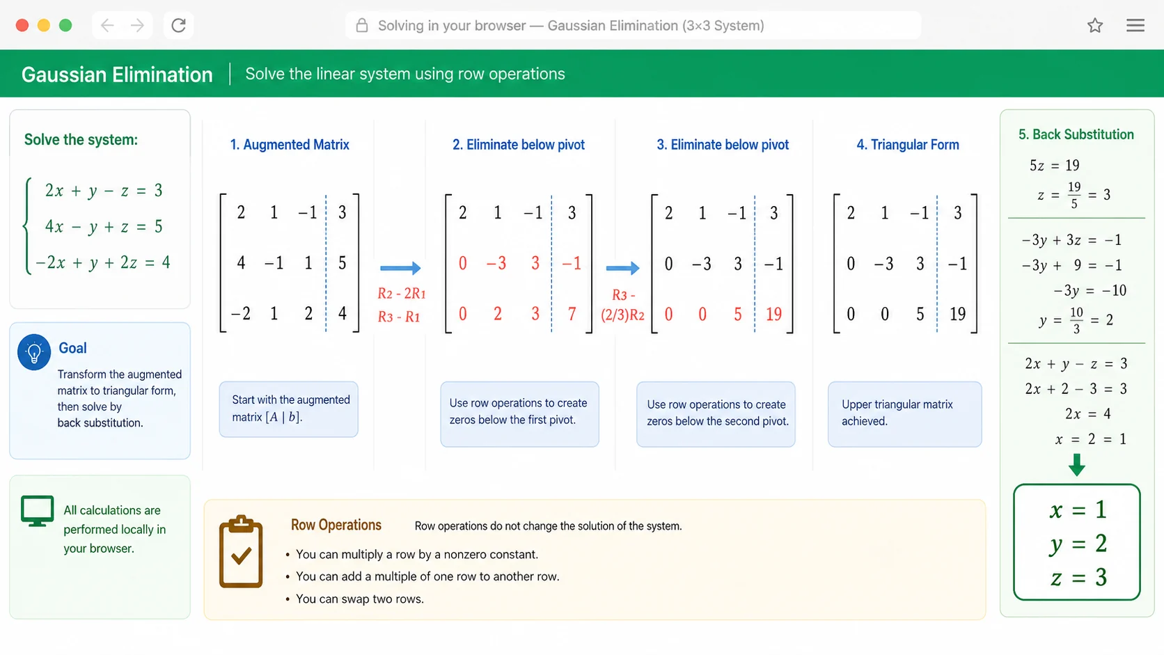 System of Equations Solver Gaussian elimination view with row operations and x y z solution values