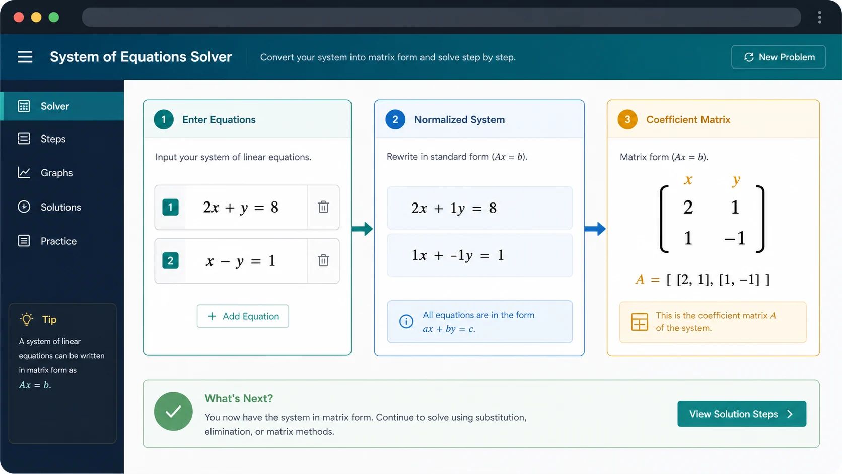 System of Equations Solver interface showing equation input, normalized equations, and a coefficient matrix