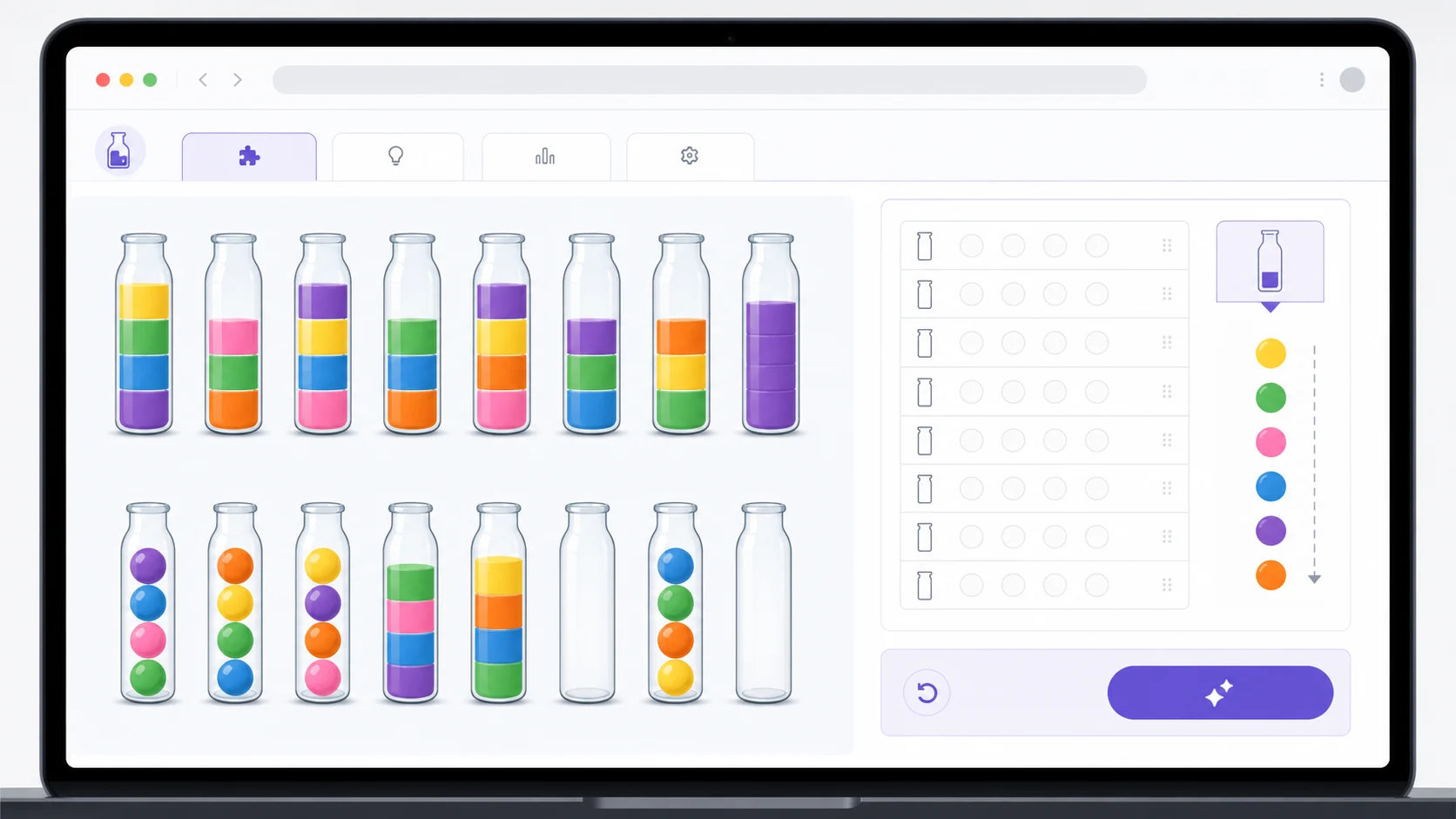 Water Sort Puzzle Solver interface showing manual bottle color input and stacked colored bottles