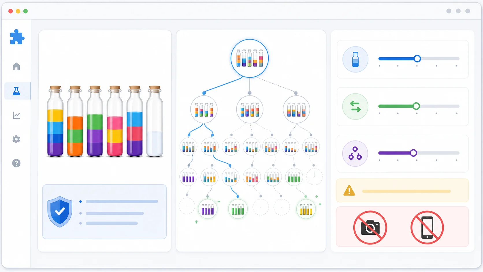 Water Sort Puzzle Solver search-limit illustration with colorful bottles and browser-safe state caps