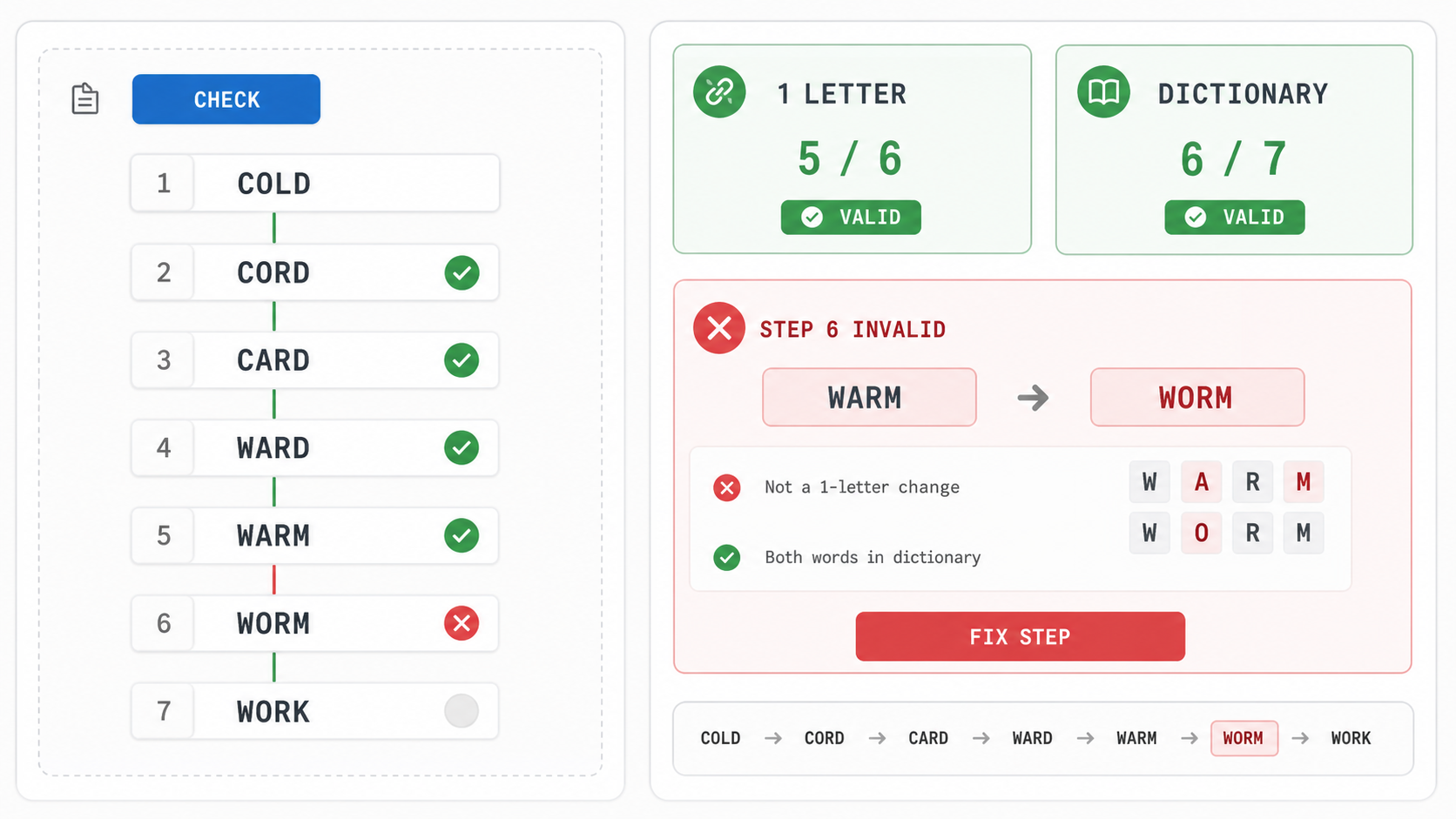 Word Ladder Solver checker interface with valid and invalid step results