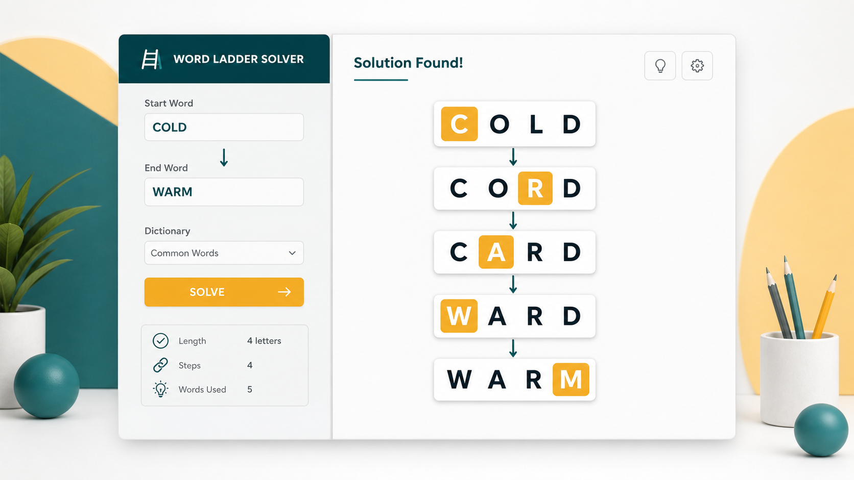 Word Ladder Solver showing COLD to WARM as a solved path