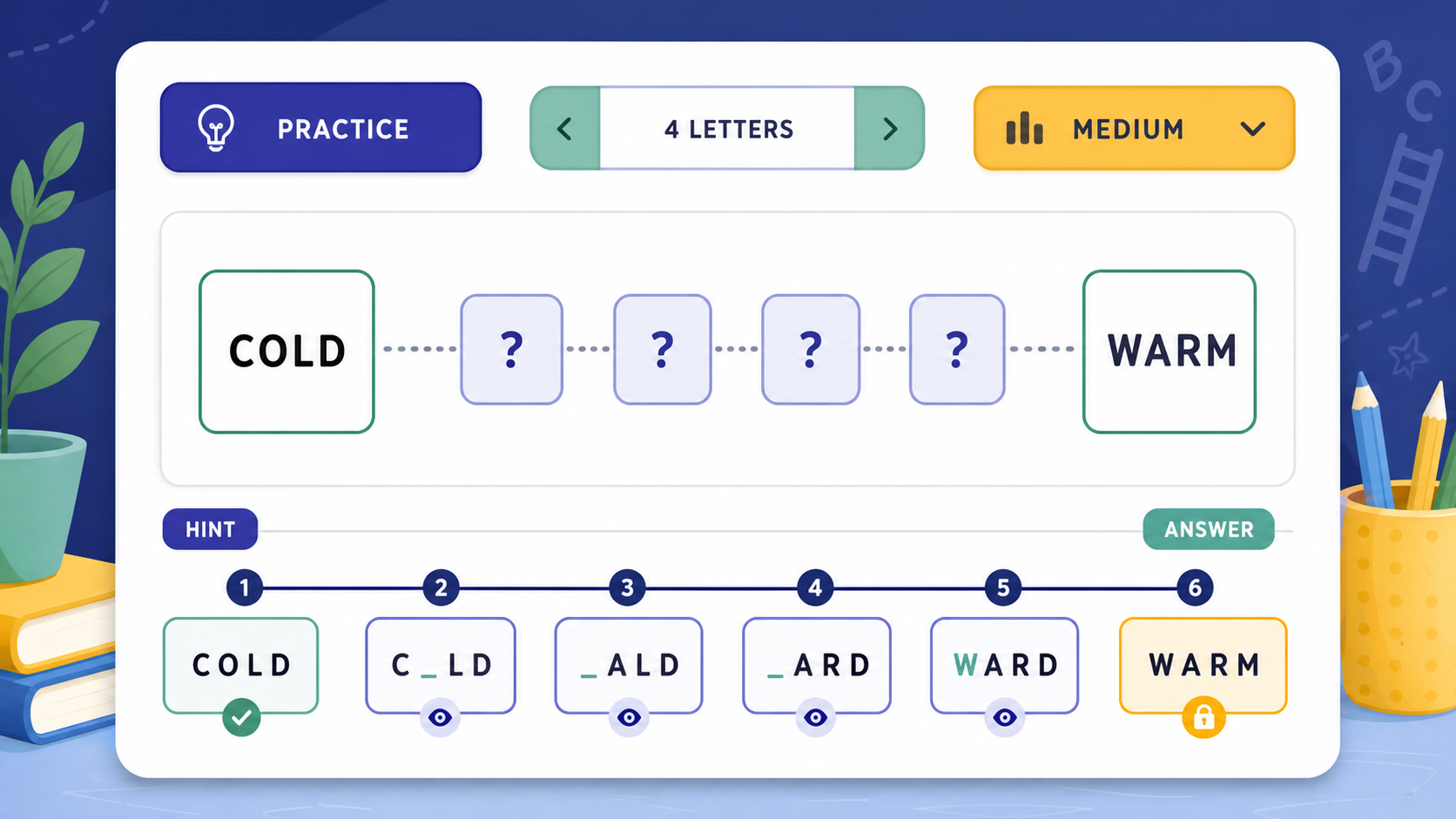 Word Ladder Solver practice generator with hint and answer cards