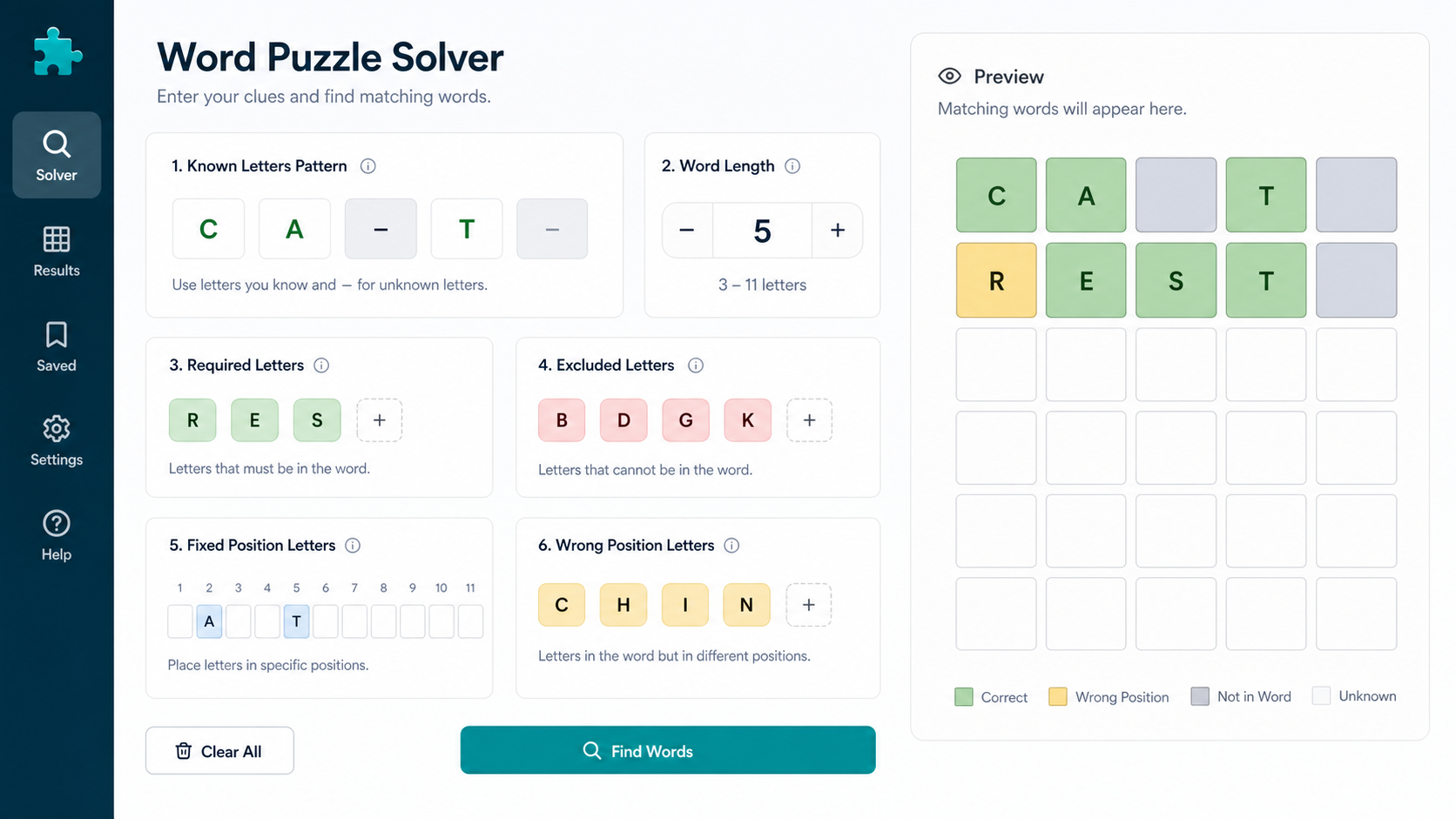 Word Puzzle Solver interface for known letters, word length, required letters, excluded letters, fixed positions, and wrong positions