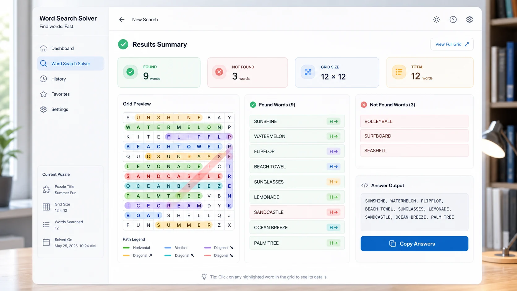 Word Search Solver results dashboard with found words, missing words, grid preview, and copy answers control