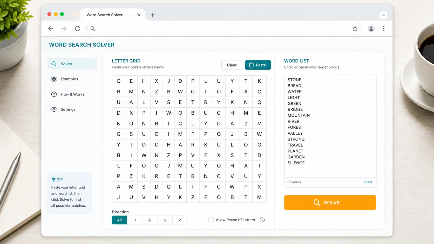 Word Search Solver interface with a pasted letter grid and target word list