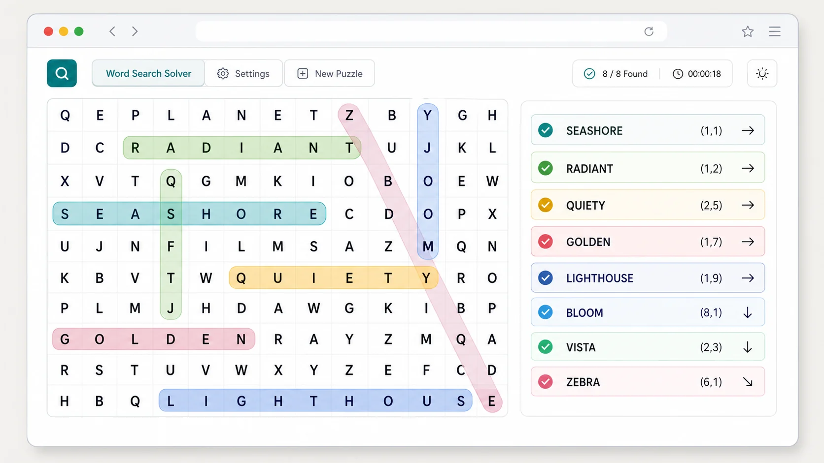 Word Search Solver grid preview with highlighted horizontal, vertical, diagonal, and reverse word paths